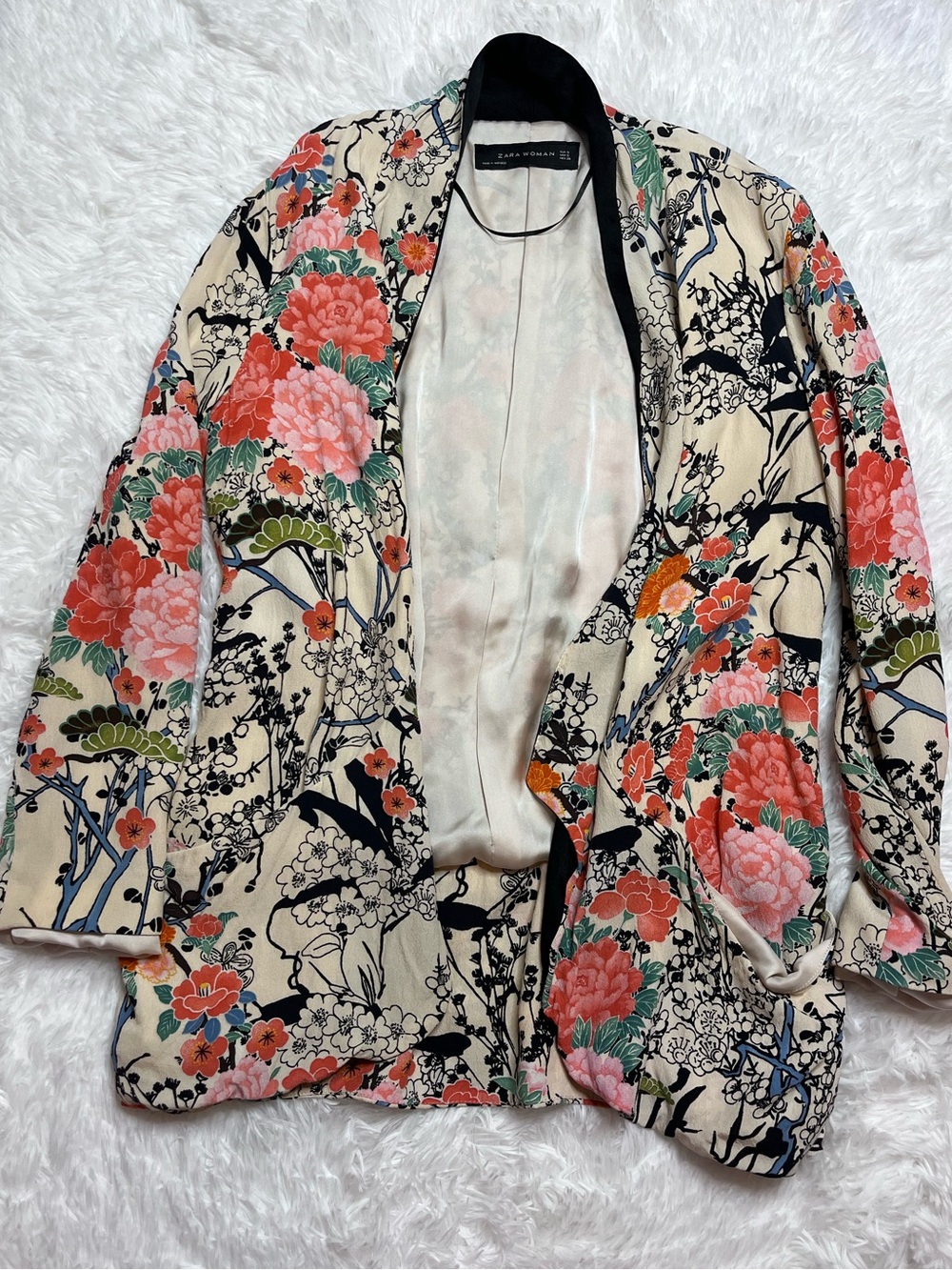Zara Cream Blazer with Coral & Black Floral Print